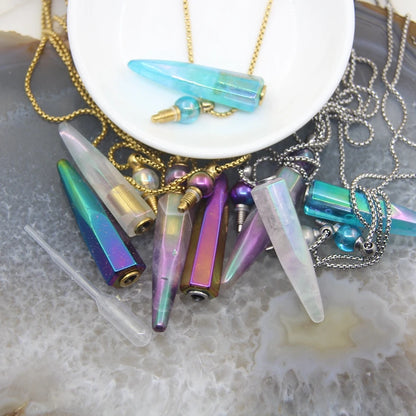 New! Rainbow Aura Titanium Raw Crystal Point Perfume Bottle Necklace Pendants,AB Quartz Essential Oil Diffuser Vial Charms Chain - AMULET RING STORE