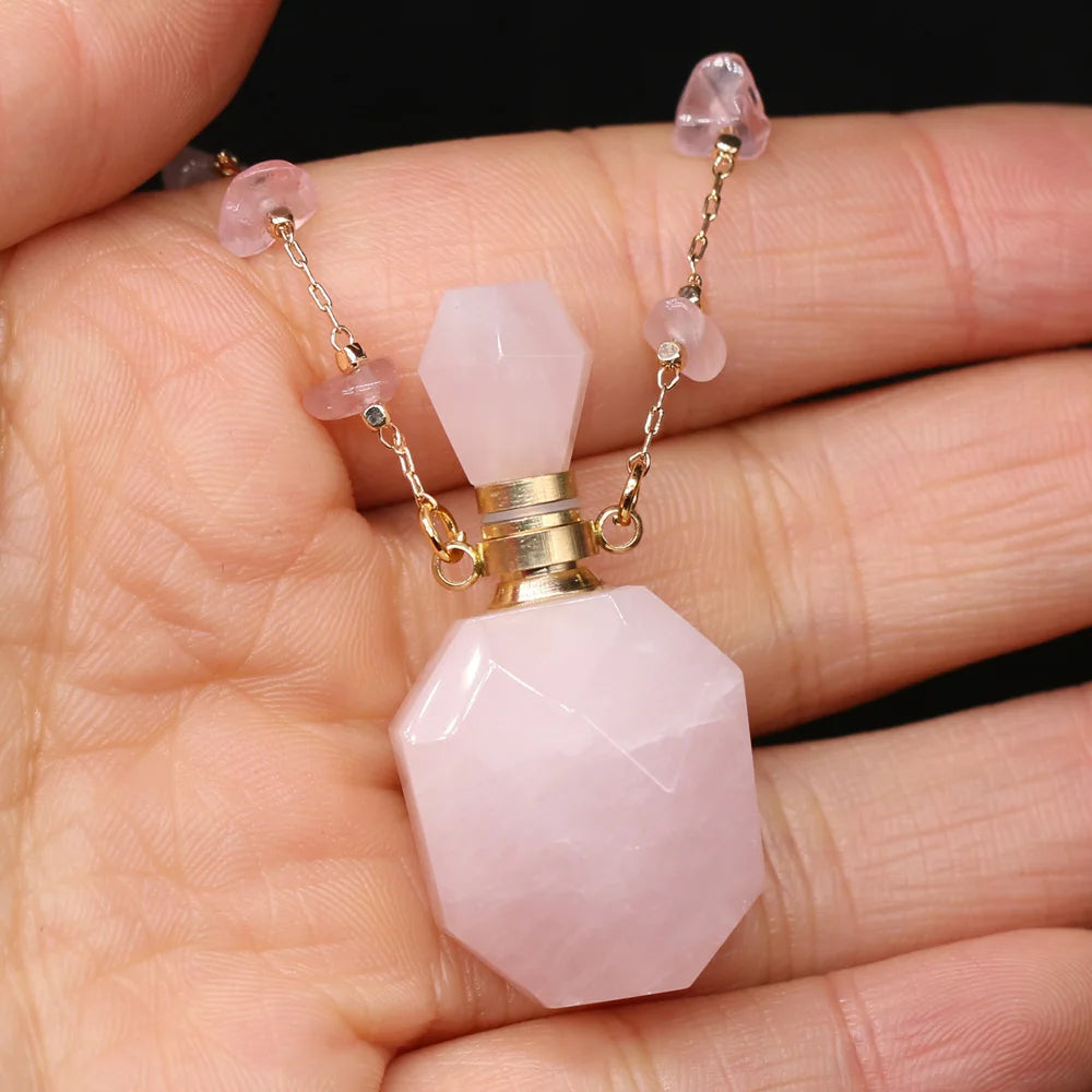 Natural Stone Perfume Bottle Necklace Pink Quartz Pendant Charms For Elegant Women Love Romantic Gift 60 CM - AMULET RING STORE