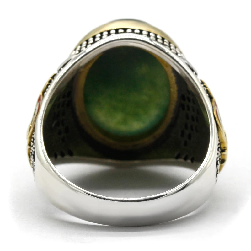 Turkey Jewelry Men Ring with Green Natural Agate Stone 925 Sterling Silver Vintage Eagle CZ Enamel Gold Ring for Women Male Gift