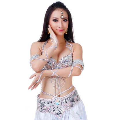 Women Sexy Belly Dance Beaded Top Bra & Belt 2pieces Belly Dance Costume Outfit Set Female Bollytwood Dance Costume 11 Colors