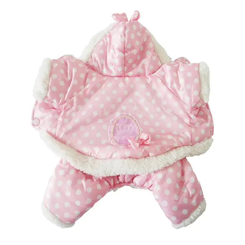 Small Dog Snowsuit Polka Dot Pattern Fleece Winter Coat For Girls Dogs Jumpsuit Hooded Waterproof Outdoor Cotton Padded Dog Coat - AMULET RING STORE
