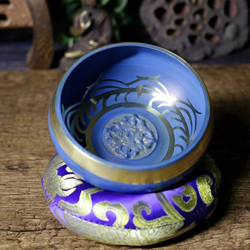 Silent Mind Tibetan Singing Bowl Set Blue Color Design With Dual Surface Mallet and Silk Cushion Promotes Peace - AMULET RING STORE