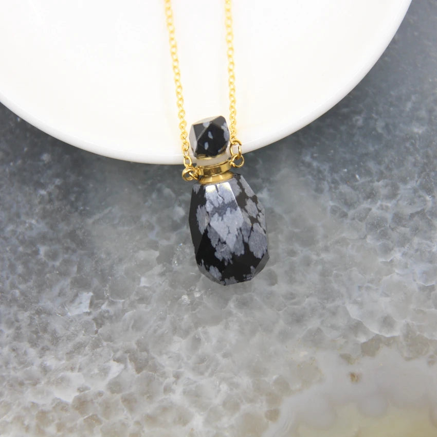 Natural Obsidian Faceted Perfume Bottle Pendants Necklaces,Pink Tourmaline Quartz Essential Oil Diffuser Vial Charms Jewelry - AMULET RING STORE