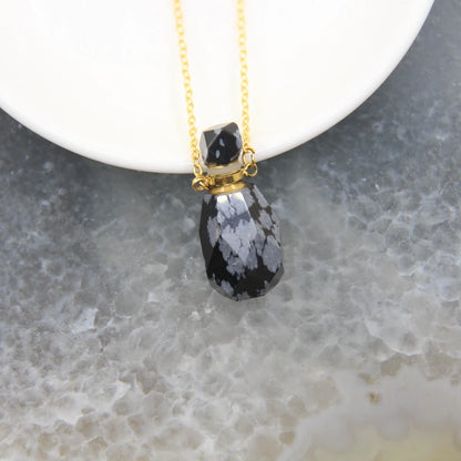 Natural Obsidian Faceted Perfume Bottle Pendants Necklaces,Pink Tourmaline Quartz Essential Oil Diffuser Vial Charms Jewelry - AMULET RING STORE