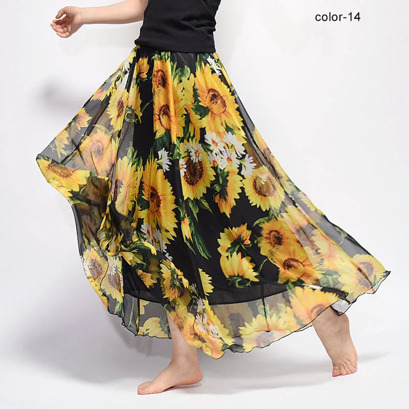 New Fashion 2025 Women's BOHO Elegant Florals Print Chiffon Long Skirt Ladies Slim High-Waist Elastic Waist Pleated Skirts SK15