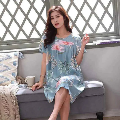 Women summer cotton nightgowns short-sleeved Korean loose big yards 4XL fit 100 kg nightshirt female floral print night dress
