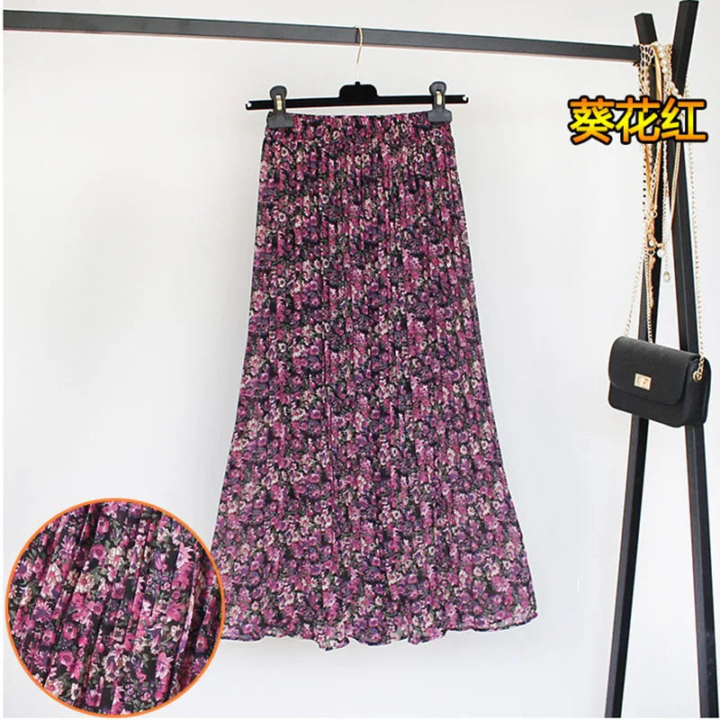 Women Summer Boho Chiffon Long Skirt Elegant Floral Print Pleated Skirts Elastic High Waist Casual Midi Skirt Women Clothes 2021