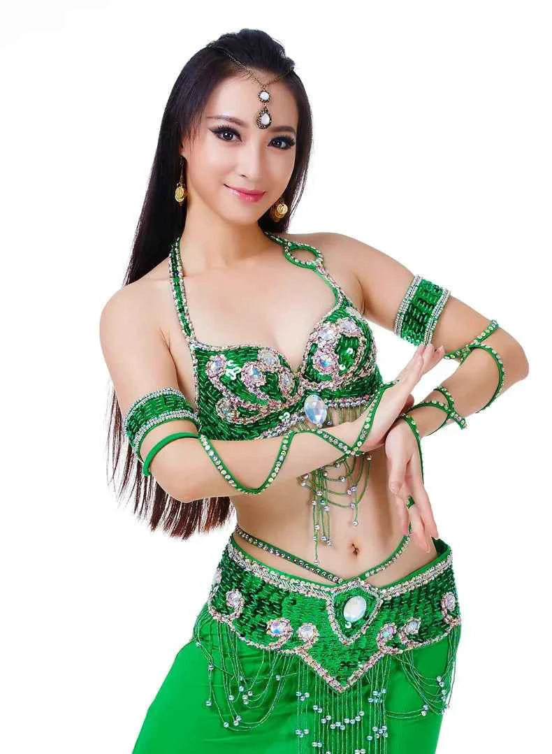 Women Sexy Belly Dance Beaded Top Bra & Belt 2pieces Belly Dance Costume Outfit Set Female Bollytwood Dance Costume 11 Colors