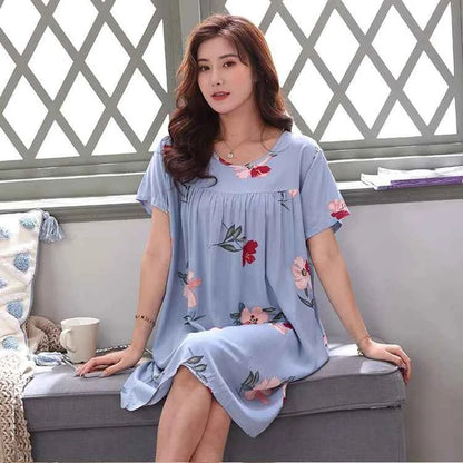 Women summer cotton nightgowns short-sleeved Korean loose big yards 4XL fit 100 kg nightshirt female floral print night dress