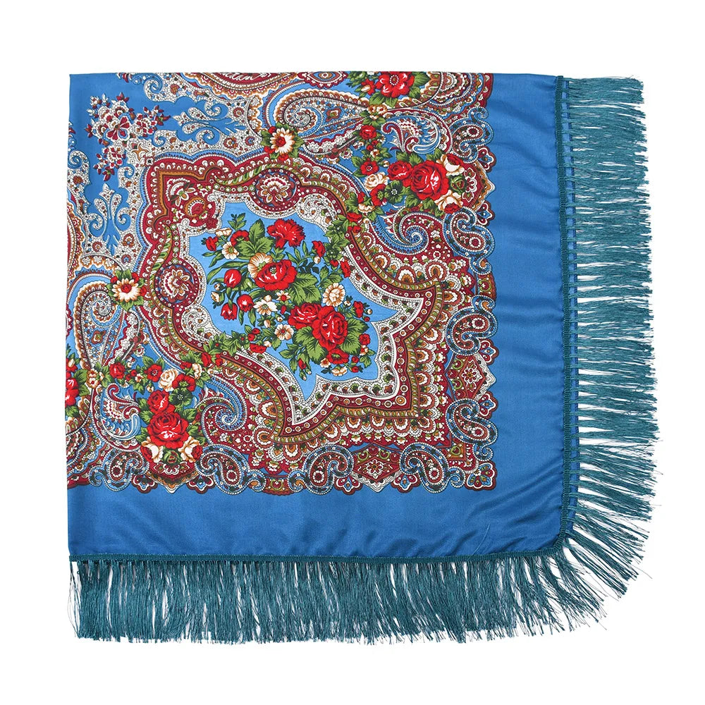 Russian Scarf Head Wrap for Women Luxury Ukrainian Manila Shawls Folk Cotton 160cm National Shawl Floral Print Travel Bandana - AMULET RING STORE