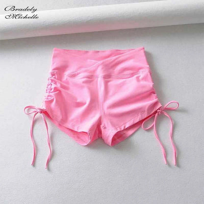 BRADELY MICHELLE Sexy Women High Waist Elastic Pure Color Tihgt Workout Drawstring Push Up Short Leggings Female