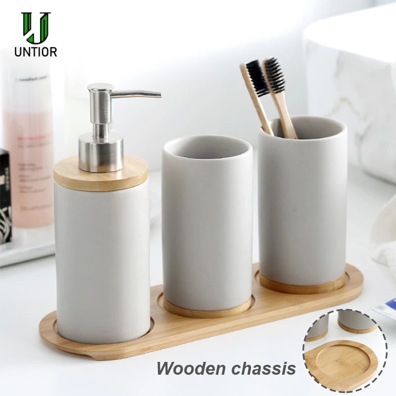 UNTIOR 3PCS Ceramic Bathroom Accessories Set Fashion Soap Dispenser Toothbrush Holder Tumbler Ceramic Household Bathroom Product - AMULET RING STORE