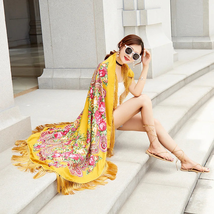 Russian Scarf Head Wrap for Women Luxury Ukrainian Manila Shawls Folk Cotton 160cm National Shawl Floral Print Travel Bandana - AMULET RING STORE