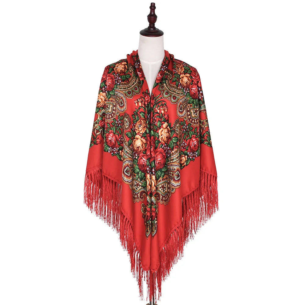 Russian Scarf Head Wrap for Women Luxury Ukrainian Manila Shawls Folk Cotton 160cm National Shawl Floral Print Travel Bandana - AMULET RING STORE