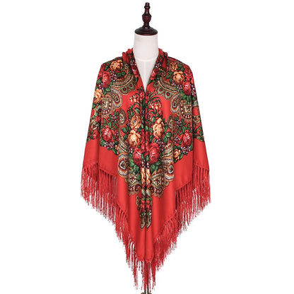 Russian Scarf Head Wrap for Women Luxury Ukrainian Manila Shawls Folk Cotton 160cm National Shawl Floral Print Travel Bandana - AMULET RING STORE