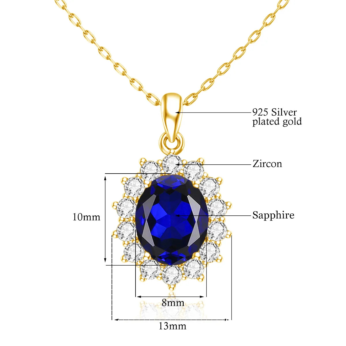 Szjinao Luxury Gold Pendant For Women Real 925 Sterling Silver Shiny Blue Sapphire With Cubic Zirconia Gemstone Fine Jewelery