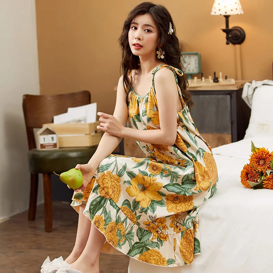 Women Nightgowns Cotton Night Dress Sexy Spaghetti Strap V-Neck Casual Home Dress Night Shirt Floral Print Sleepwear Nightwear - AMULET RING STORE