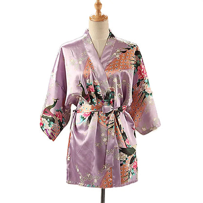 Lace Up Woman Peacock Print Japanese Kimono Yukata Silk Satin Short Style Sleepwear Home Nightgown Bath Robe Costume - AMULET RING STORE