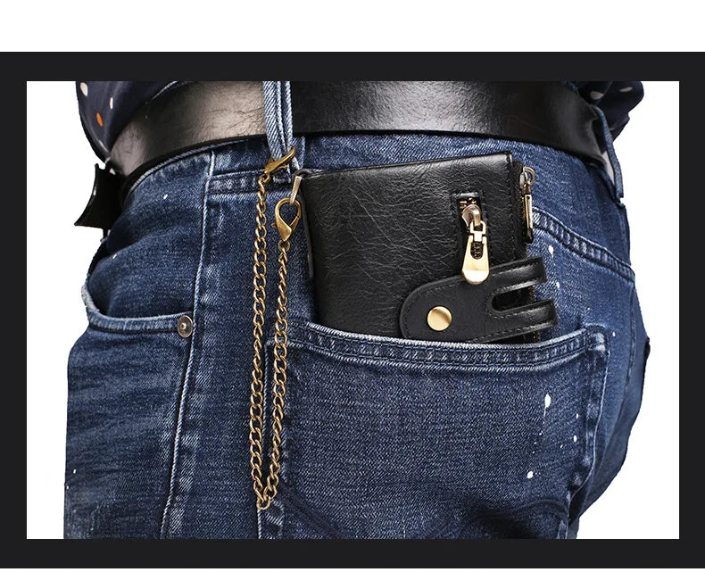 New Men Wallets PU Leather Short Card Holder Chain Luxury Brand Men's Purse High Quality Classic Retro Male Wallet - AMULET RING STORE