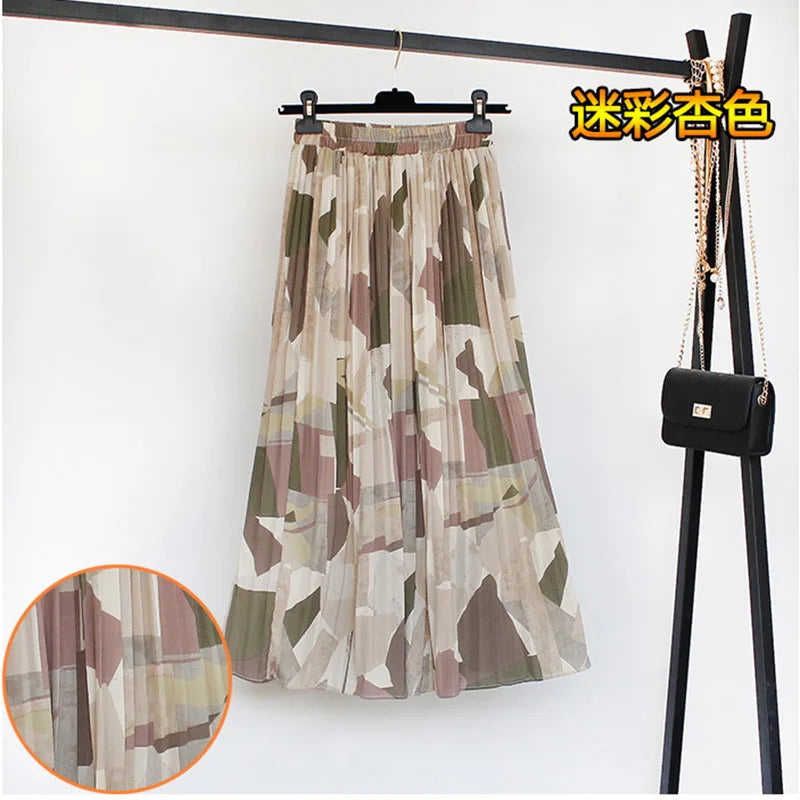Women Summer Boho Chiffon Long Skirt Elegant Floral Print Pleated Skirts Elastic High Waist Casual Midi Skirt Women Clothes 2021