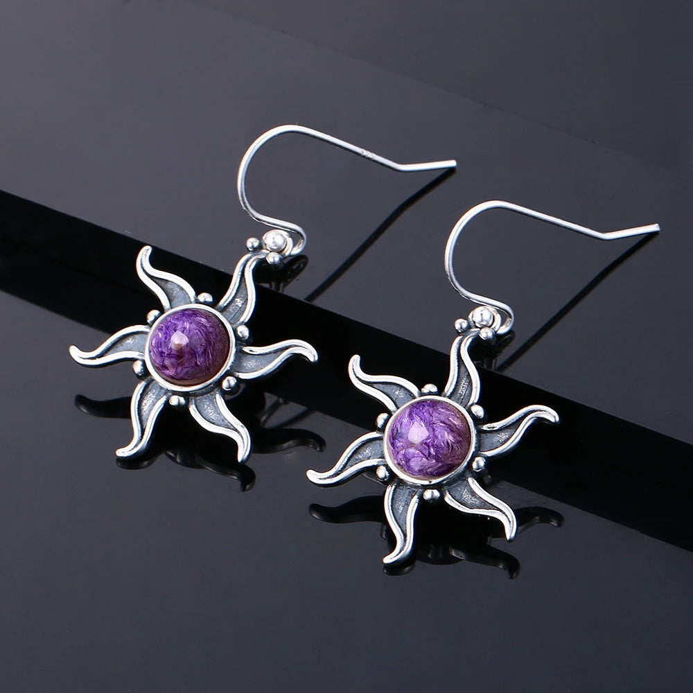 Vintage Boho Natural Charoite Drop Earrings for Women Sunflower Shaped Dangle Earings Statement Party Anniversary Jewelry Gifts