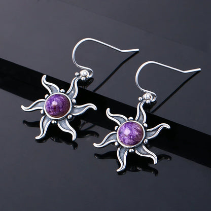 Vintage Boho Natural Charoite Drop Earrings for Women Sunflower Shaped Dangle Earings Statement Party Anniversary Jewelry Gifts