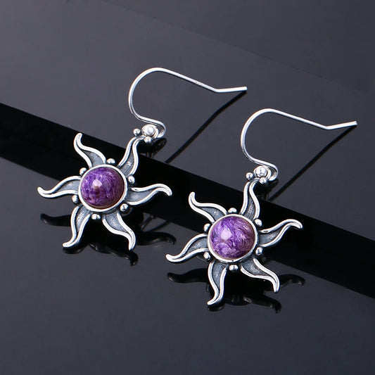 Vintage Boho Natural Charoite Drop Earrings for Women Sunflower Shaped Dangle Earings Statement Party Anniversary Jewelry Gifts