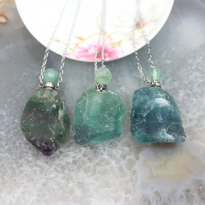 Raw Fluorite Perfume Bottle Pendants,Plated Silvers Necklace Natural Gems stone Quartz Nugget Essential Oil Diffuser Vial Charms - AMULET RING STORE