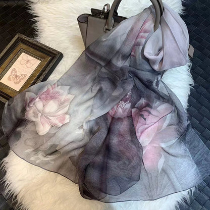 BYSIFA|New Black Pink Peony 100% Silk Shawl Scarf Women Chiffon Long Silk Scarves Cape Summer Foulard Winter Brand Scarves Wraps