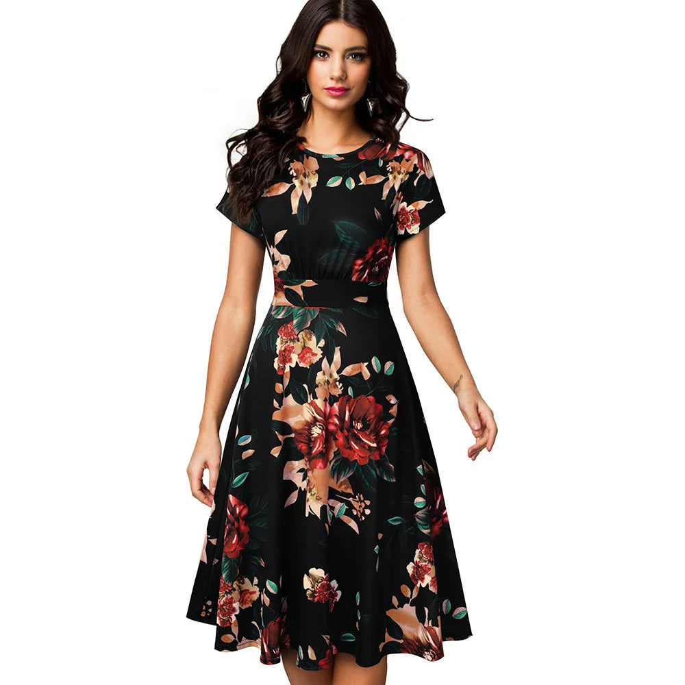 Nice-forever Vintage Elegant Floral Print Pleated Round neck vestidos A-Line Pinup Business Party Women Flare Swing Dress A102
