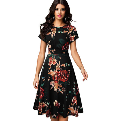 Nice-forever Vintage Elegant Floral Print Pleated Round neck vestidos A-Line Pinup Business Party Women Flare Swing Dress A102