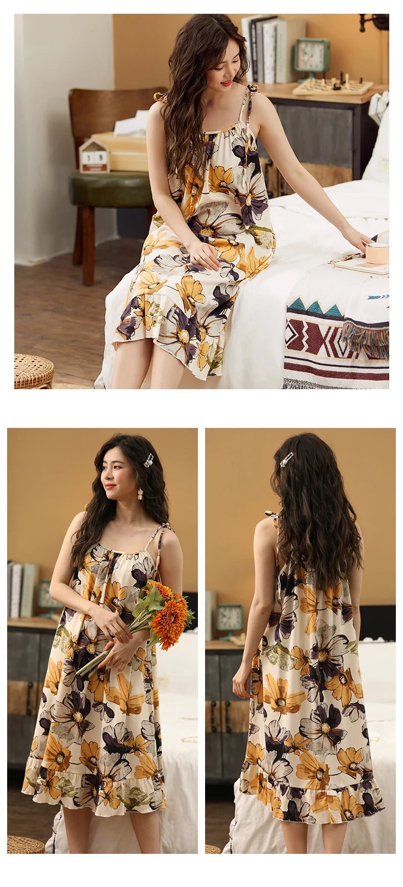 Women Nightgowns Cotton Night Dress Sexy Spaghetti Strap V-Neck Casual Home Dress Night Shirt Floral Print Sleepwear Nightwear - AMULET RING STORE