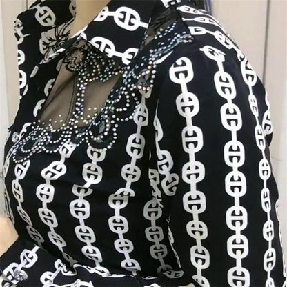 Trendy Streetwear Offce Women Blouses Hot drill Mesh Chiffon Shirts Long sleeve Lapel Buttons Female Blusas Tops Casual Shirts