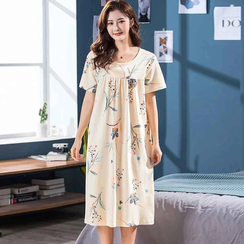 2025 Summer Small Floral Night Dress Women Nightgown Big Yards 3XL Sleepshirts Short-sleeves Nightie Nightdress Cotton Sleepwear