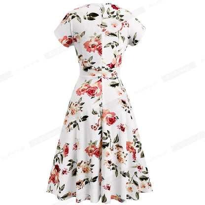Nice-forever Vintage Elegant Floral Print Pleated Round neck vestidos A-Line Pinup Business Party Women Flare Swing Dress A102