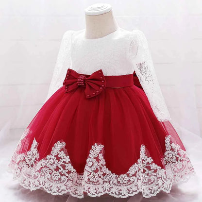 Newborn Long Sleeve Baby Girl Dresses Party Wedding Girl Lace Big Bow Dresses Infant Girl 1st Birthday Princess Baptism Dress