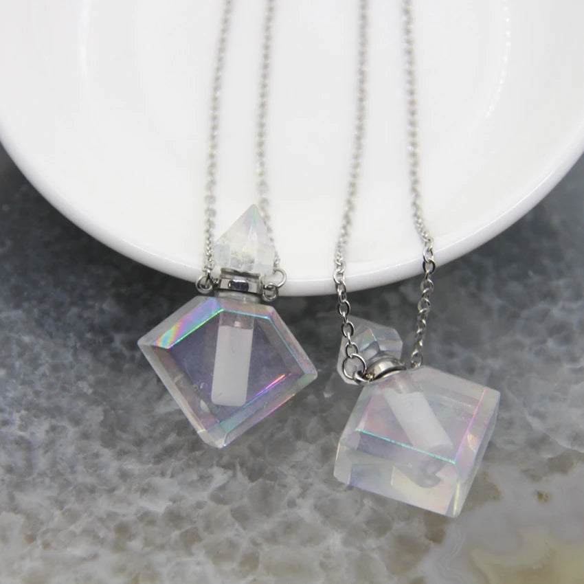 5 Shape Stainless steel Chains Rainbow Aura Crystal Perfume Bottle Pendant Necklace,AB Quartz Essential Oil Diffuser Vial Charms - AMULET RING STORE