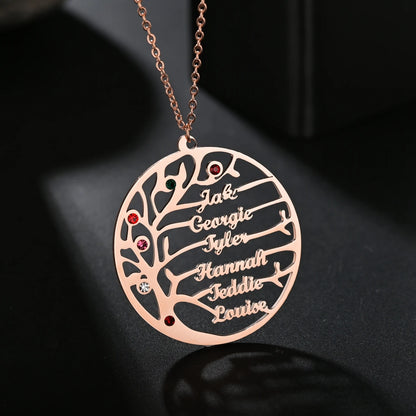 Life Tree Family 1-6 Names Necklace Personalized Stainless Steel Summer Nameplate with Birthstone For Women Men Birthday Gift