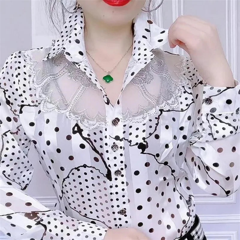 Trendy Streetwear Offce Women Blouses Hot drill Mesh Chiffon Shirts Long sleeve Lapel Buttons Female Blusas Tops Casual Shirts