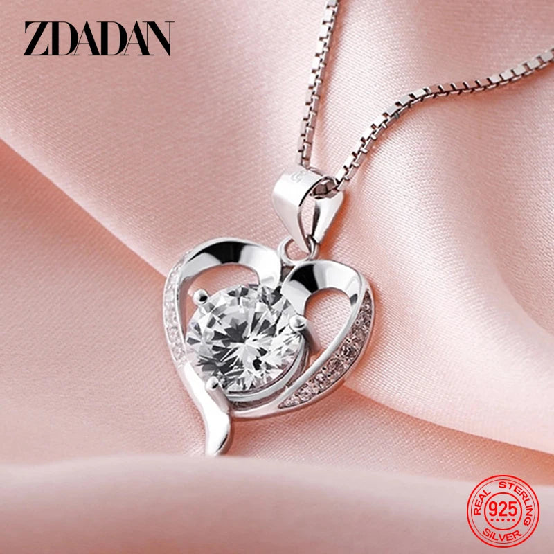 ZDADAN 925 Sterling Silver Heart Crystal Necklace For Women Fashion Jewelry Accessories