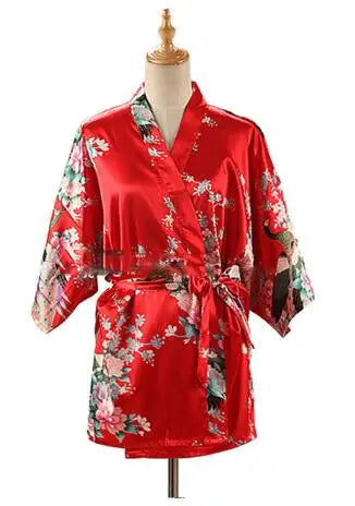 Lace Up Woman Peacock Print Japanese Kimono Yukata Silk Satin Short Style Sleepwear Home Nightgown Bath Robe Costume - AMULET RING STORE