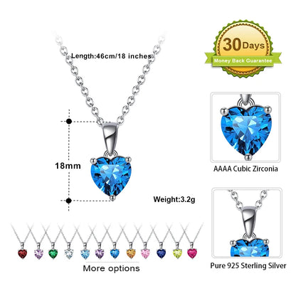 ORSA JEWELS 925 Sterling Silver 12 Color Heart Shaped Birthstone Pendant Necklace Woman Girl's Lucky Birthday Jewelry Gift APN02