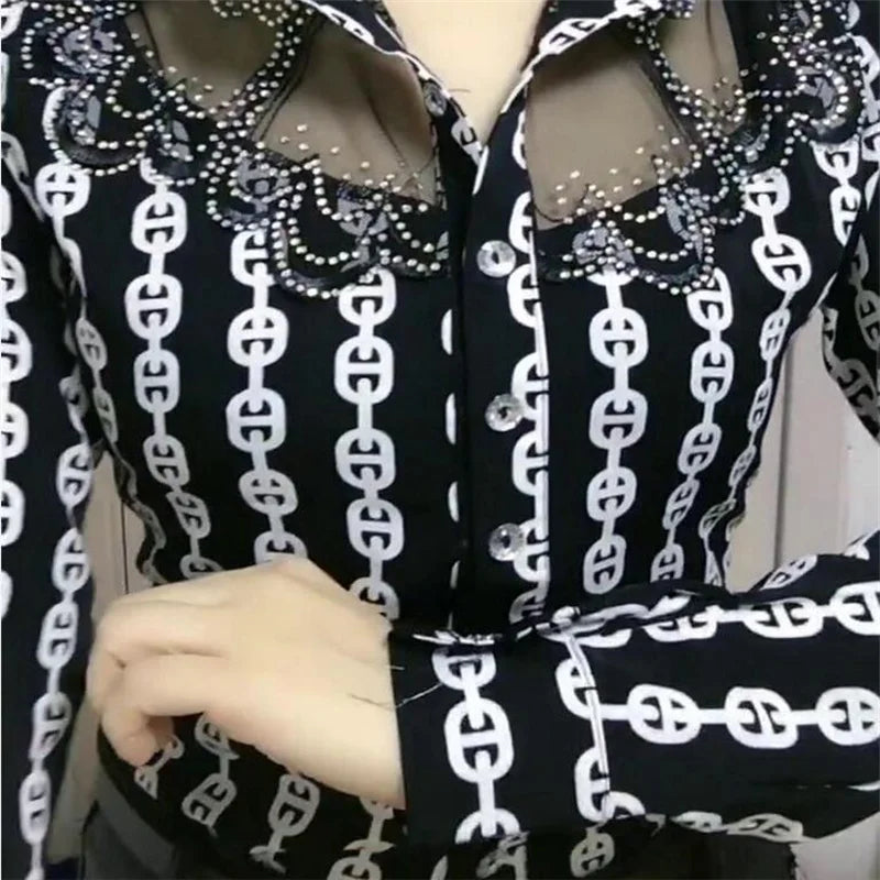 Trendy Streetwear Offce Women Blouses Hot drill Mesh Chiffon Shirts Long sleeve Lapel Buttons Female Blusas Tops Casual Shirts