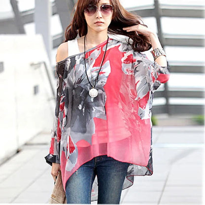 Summer Blouse Shirt 2021 New Fashion Women Casual Chiffon Blouses Tops Plus Size 4XL 5XL 6XL Batwing Sleeve Women's Shirts - AMULET RING STORE