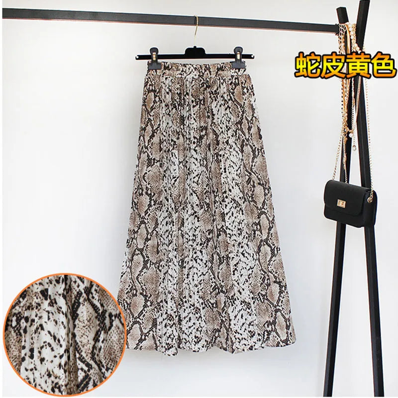 Women Summer Boho Chiffon Long Skirt Elegant Floral Print Pleated Skirts Elastic High Waist Casual Midi Skirt Women Clothes 2021