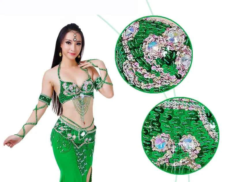 Women Sexy Belly Dance Beaded Top Bra & Belt 2pieces Belly Dance Costume Outfit Set Female Bollytwood Dance Costume 11 Colors