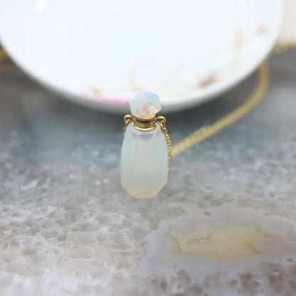 Natural Obsidian Faceted Perfume Bottle Pendants Necklaces,Pink Tourmaline Quartz Essential Oil Diffuser Vial Charms Jewelry - AMULET RING STORE