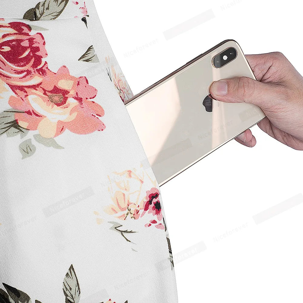 Nice-forever Vintage Elegant Floral Print Pleated Round neck vestidos A-Line Pinup Business Party Women Flare Swing Dress A102