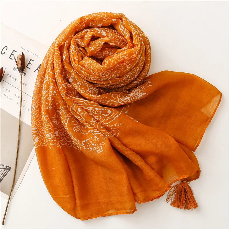 New Women Fashion Orange Cashew Floral Viscose Shawl Scarf From Aztec Ethnic Echarpe Foulard Femme Bufanda Muslim Hijab 180*90Cm - AMULET RING STORE