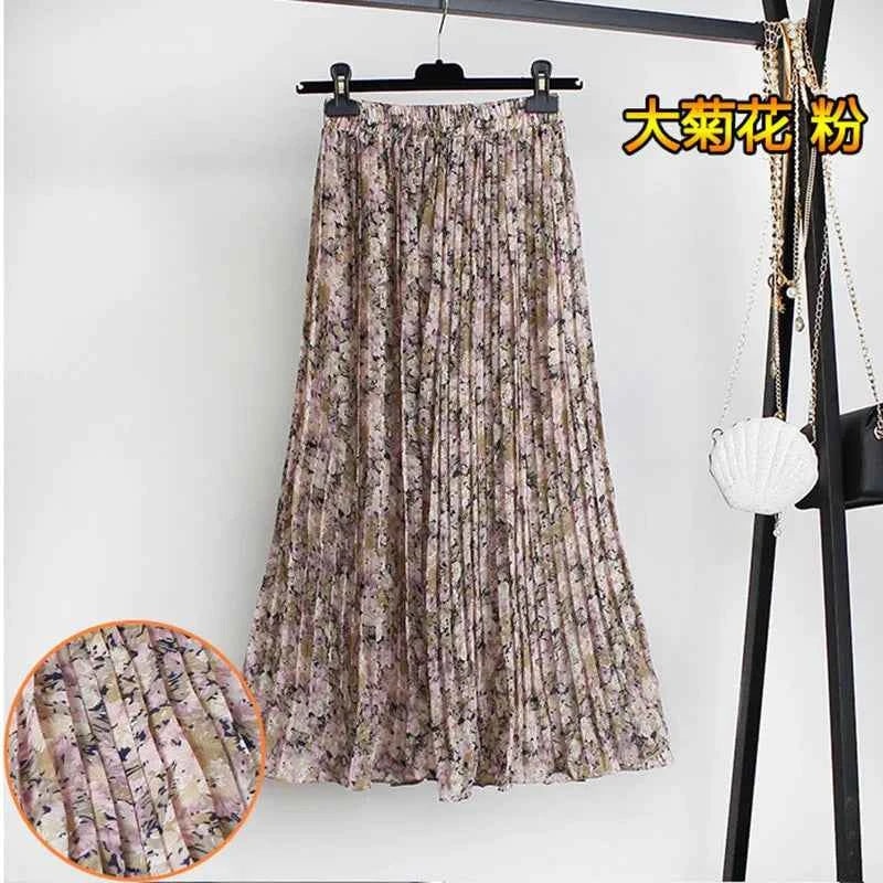 Women Summer Boho Chiffon Long Skirt Elegant Floral Print Pleated Skirts Elastic High Waist Casual Midi Skirt Women Clothes 2021